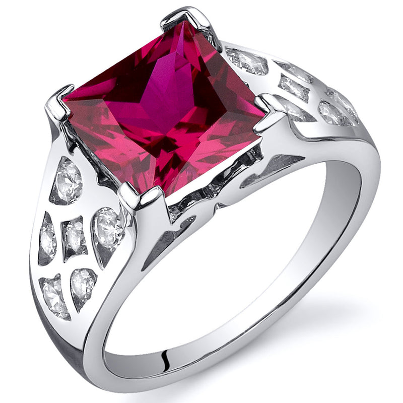 Created Ruby Princess Cut Sterling Silver Ring Size 7