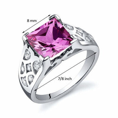 Pink Sapphire Ring Sterling Silver Princess Shape 3.25 Carats