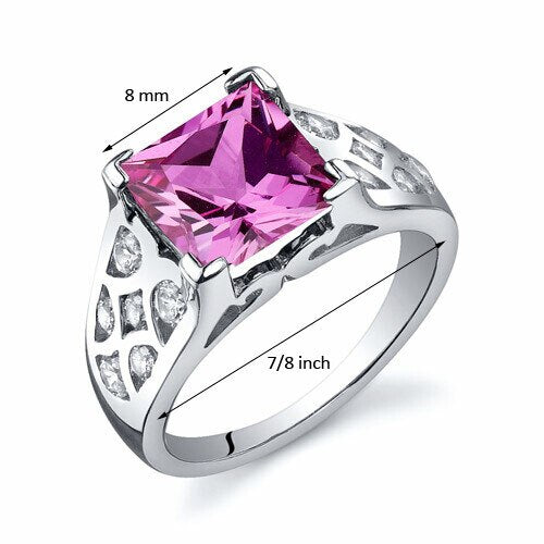 Pink Sapphire Ring Sterling Silver Princess Shape 3.25 Carats