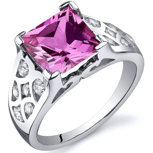 Pink Sapphire Ring Sterling Silver Princess Shape 3.25 Carats