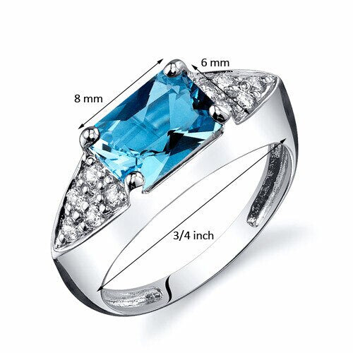 Swiss Blue Topaz Ring Sterling Silver Radiant Shape 1.75 Carat