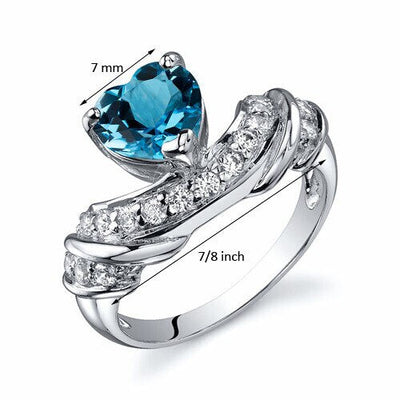 Swiss Blue Topaz Ring Sterling Silver Heart Shape 1.25 Carats