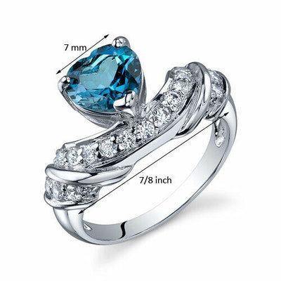 London Blue Topaz Ring Sterling Silver Heart Shape 1.25 Carats