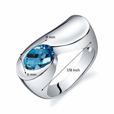 Swiss Blue Topaz Ring Sterling Silver Oval Shape 1.5 Carats