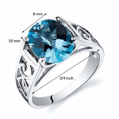 Swiss Blue Topaz Ring Sterling Silver Oval Shape 2.75 Carats
