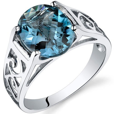 London Blue Topaz Ring Sterling Silver Oval Shape 2.75 Carats