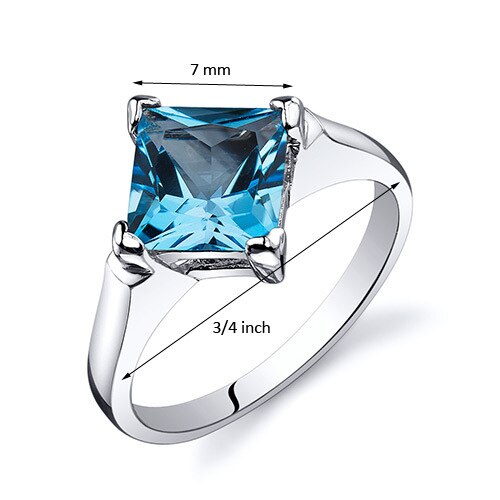 Swiss Blue Topaz Ring Sterling Silver Princess Shape 2 Carats