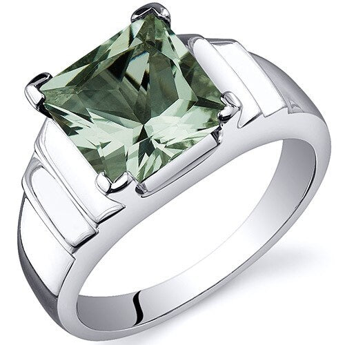 Green Amethyst Ring Sterling Silver Princess Shape 2 Carats