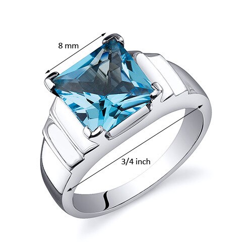 Swiss Blue Topaz Ring Sterling Silver Princess Shape 2.75 Cts