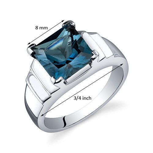 London Blue Topaz Ring Sterling Silver Princess Shape 2.75 Cts