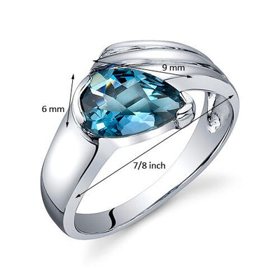 London Blue Topaz Ring Sterling Silver Pear Shape 1.5 Carats