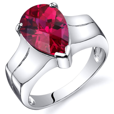 Created Ruby Pear Shape Sterling Silver Ring Size 7