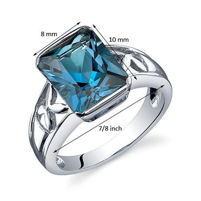 London Blue Topaz Ring Sterling Silver Radiant Shape 3.5 Carat