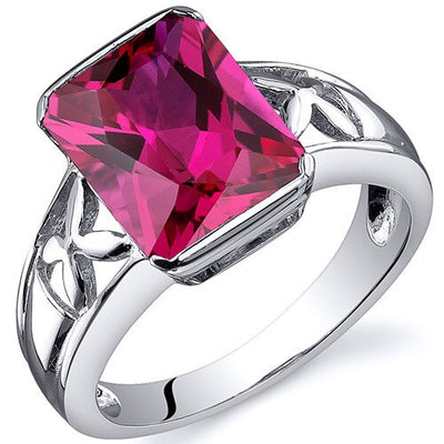 Created Ruby Ring Sterling Silver Radiant Shape 4.25 Carats