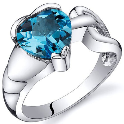 Swiss Blue Topaz Ring Sterling Silver Heart Shape 2 Carats