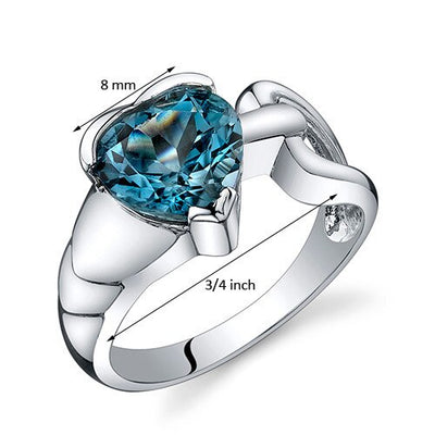 London Blue Topaz Ring Sterling Silver Heart Shape 2 Carats