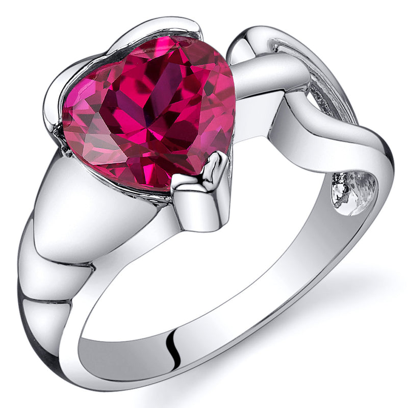 Created Ruby Heart Shape Sterling Silver Ring Size 6