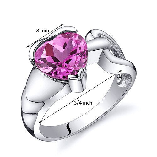 Pink Sapphire Ring Sterling Silver Heart Shape 2.5 Carats