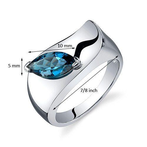 London Blue Topaz Ring Sterling Silver Marquise Shape 1 Carats