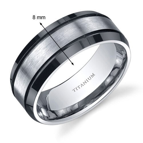 Beveled Black and Silver tone 8mm Titanium Mens Ring