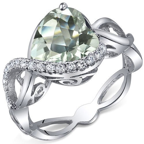 Green Amethyst Ring Sterling Silver Heart Shape 3 Carats