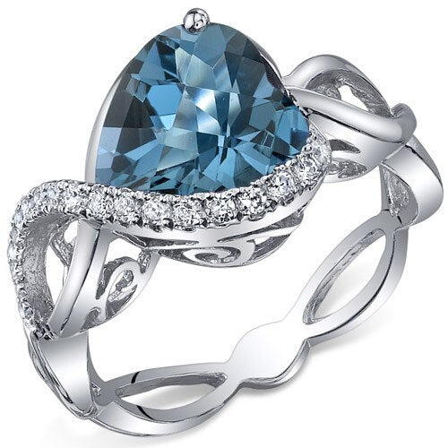 London Blue Topaz Ring Sterling Silver Heart Shape 3 Carats