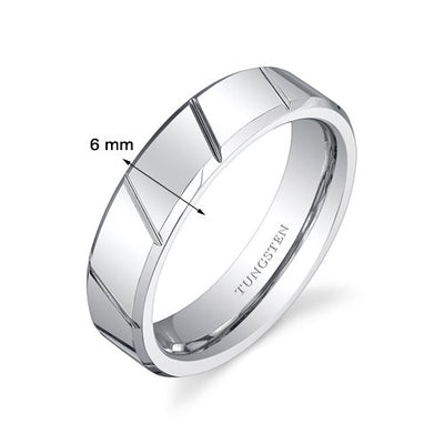 Diagonal Notches 6mm Unisex Tungsten Band Size 7