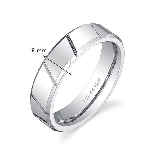 Diagonal Notches 6mm Unisex Tungsten Band Size 8