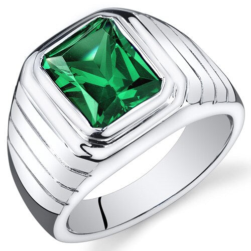 Mens 5.5 cts Emerald Sterling Silver Mens Ring Sizes 8 To 13