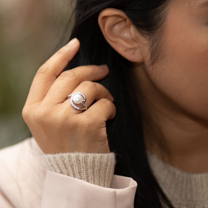 Freshwater Cultured 8.5mm White Pearl Open Swirl Ring Sterling Silver