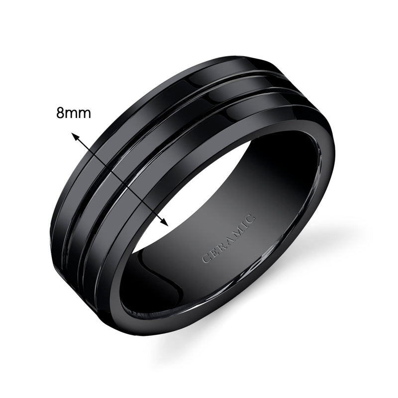 Mens 8mm Black Ceramic Band Twin Grooves Size 10