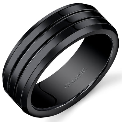 Mens 8mm Black Ceramic Band Twin Grooves Size 9