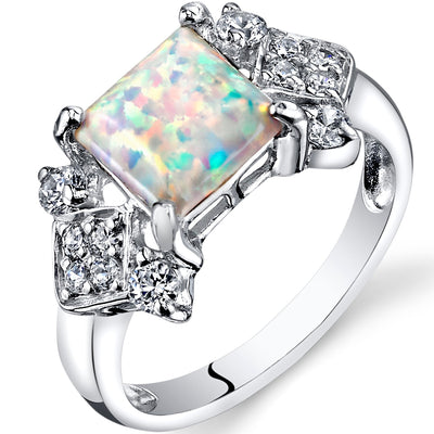 Created Opal Princess Cut Sterling Silver Ring Size 6