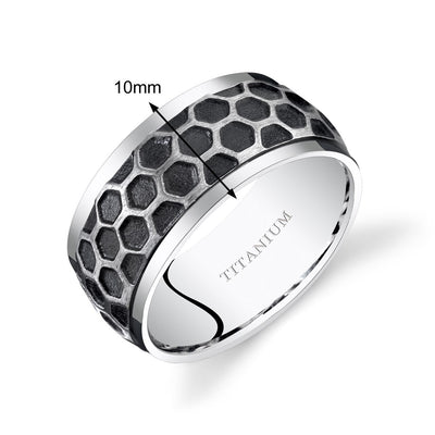 Hexagon Pattern Titanium Band Ring 10mm Sizes 7-14