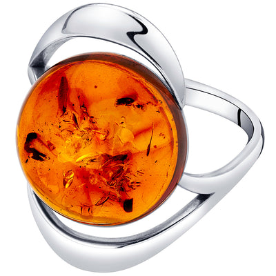 Baltic Amber Swirl Ring Sterling Silver Cognac Large Round Sizes 5-9