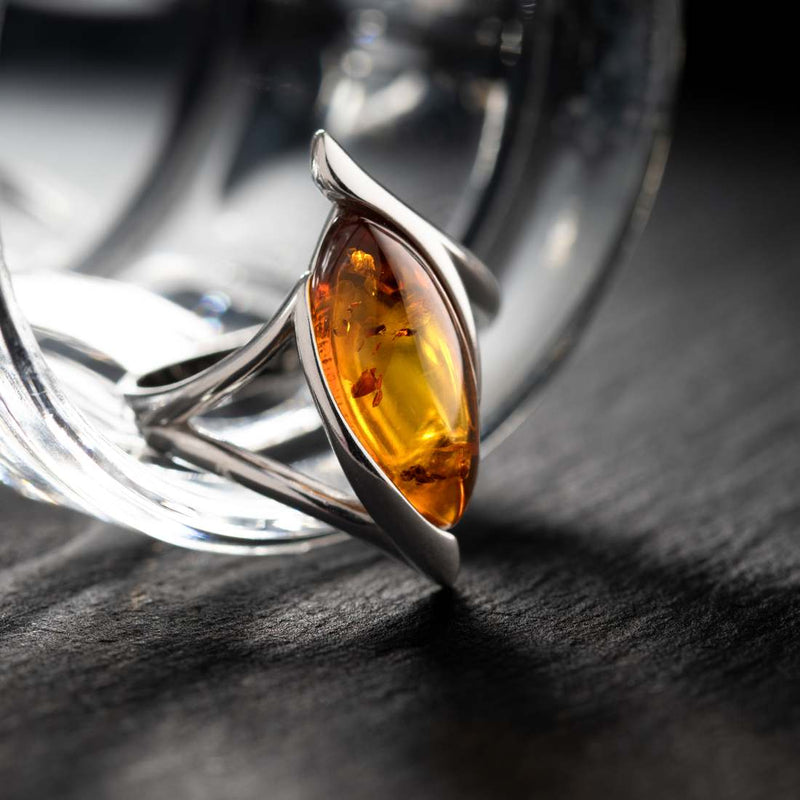 Baltic Amber Elliptical Ring Sterling Silver Cognac Sizes 5-9