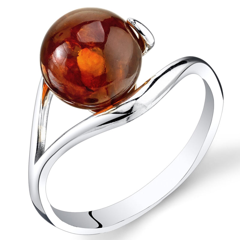 Baltic Amber Spherical Spiral Ring Sterling Silver Cognac Sizes 5-9