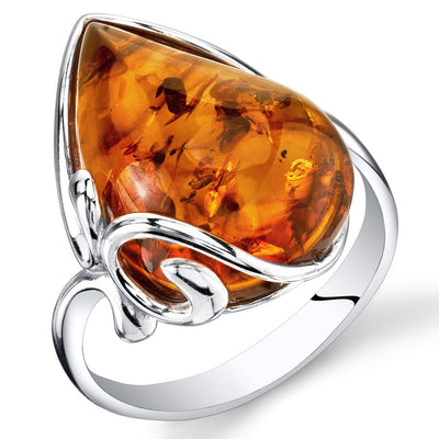 Baltic Amber Large Tear Drop Ring Sterling Silver Cognac Sizes 5-9