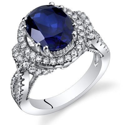 Created Blue Sapphire Gallery Ring Sterling Silver Oval Shape 3.75 Carats Sizes 5 to 9