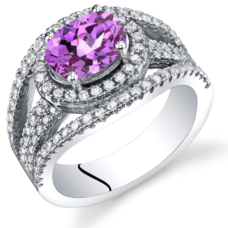 Created Pink Sapphire Lateral Halo Ring Sterling Silver 1.75 Carats Sizes 5 to 9
