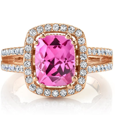 Created Pink Sapphire Rose Goldtone Halo Ring Sterling Silver 2.75 Carats Sizes 5 to 9