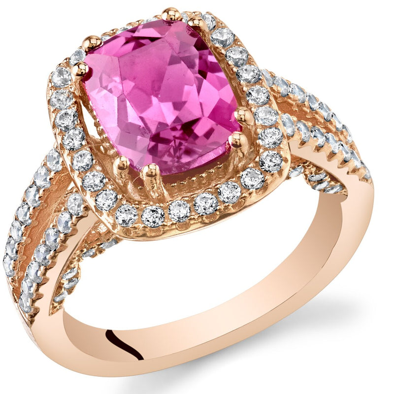 Created Pink Sapphire Rose Goldtone Halo Ring Sterling Silver 2.75 Carats Sizes 5 to 9