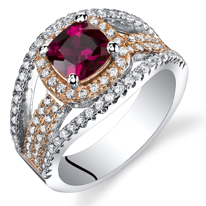 Created Ruby Cushion Cut Pave Rose Tone Ring Sterling Silver 1.25 Carats Sizes 5 to 9