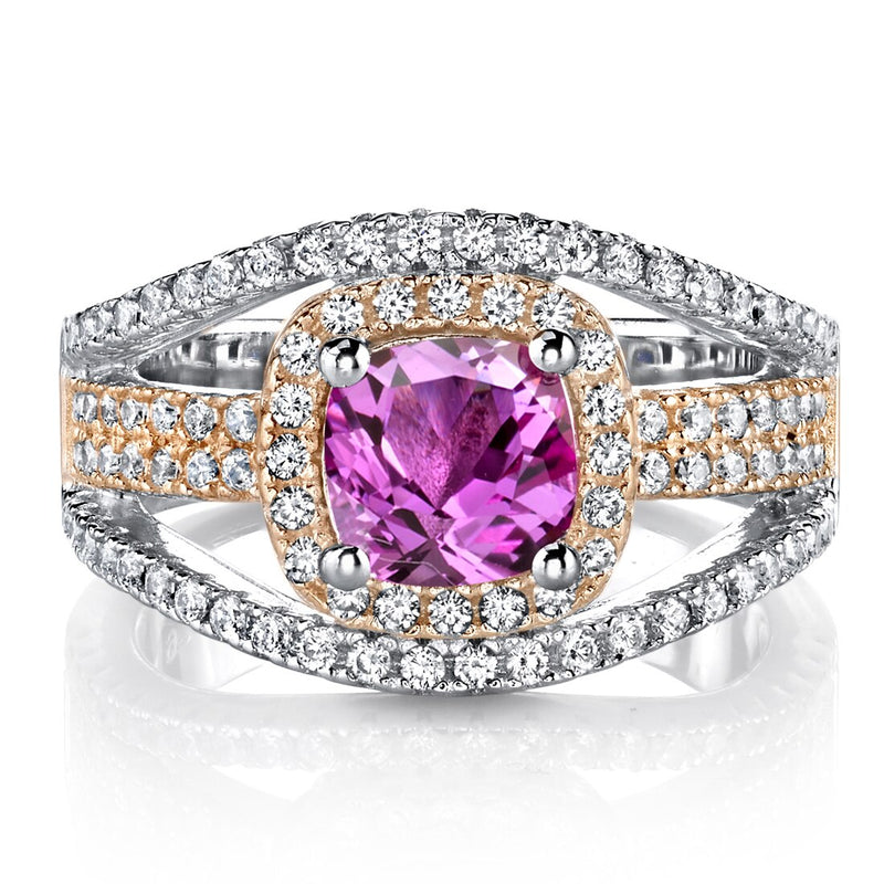 Created Pink Sapphire Cushion Cut Pave Rose Tone Ring Sterling Silver 1.25 Carats Sizes 5 to 9