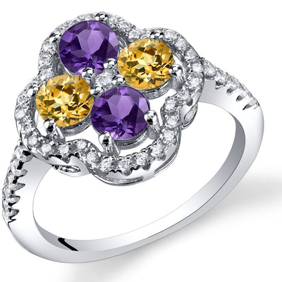 Amethyst and Citrine Clover Ring Sterling Silver Sizes 5 to 9