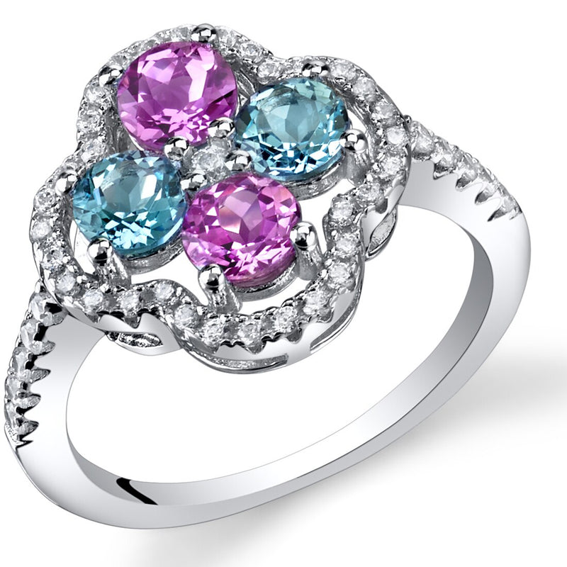 Created Pink Sapphire and Swiss Blue Topaz Clover Ring Sterling Silver Sizes 5 to 9
