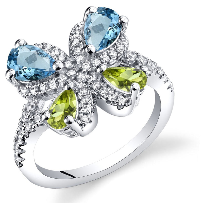 Swiss Blue Topaz and Peridot Butterfly Ring Sterling Silver 1.50 Carats Sizes 5 to 9