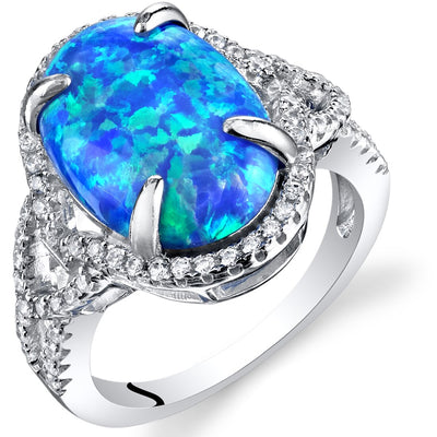 Created Blue Opal Halo Ring Sterling Silver 2.25 Carats Sizes 5 to 9