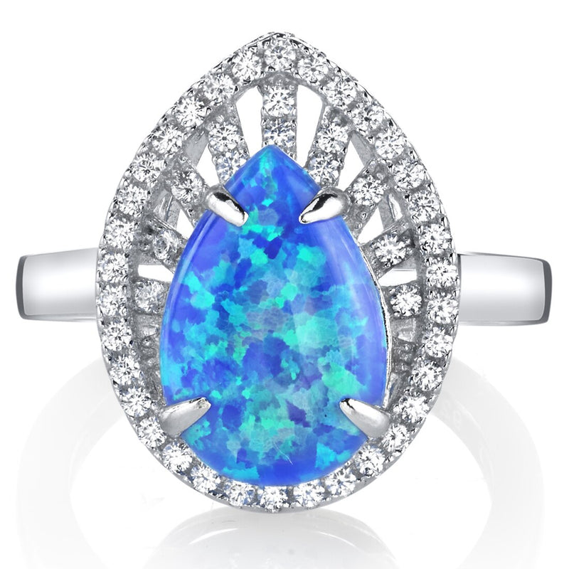 Created Blue Opal Tear Drop Cabochon Ring Sterling Silver 1.50 Carats Sizes 5 to 9