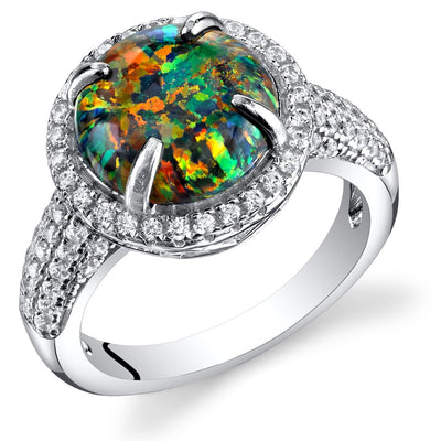 Created Black Opal Ring Sterling Silver Round Cabochon 1.50 Carats Sizes 5 to 9